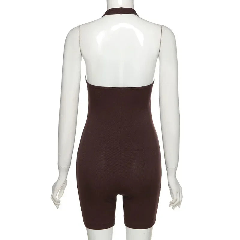 European Fashion Women's Solid Color Hollow Hanging Neck and Backless One-piece Sports Shorts with High Waist and Tight Fit