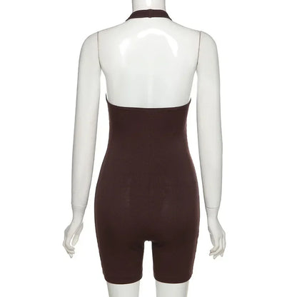 European Fashion Women's Solid Color Hollow Hanging Neck and Backless One-piece Sports Shorts with High Waist and Tight Fit