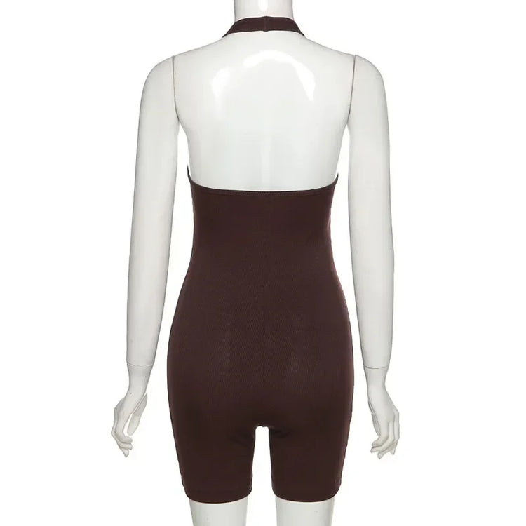 European Fashion Women's Solid Color Hollow Hanging Neck and Backless One-piece Sports Shorts with High Waist and Tight Fit