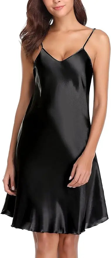 Women's Sexy Silk Satin Night Dress Sleeveless Nighties V-neck Nightgown Nightdress Plus Size Sleepwear Nightwear