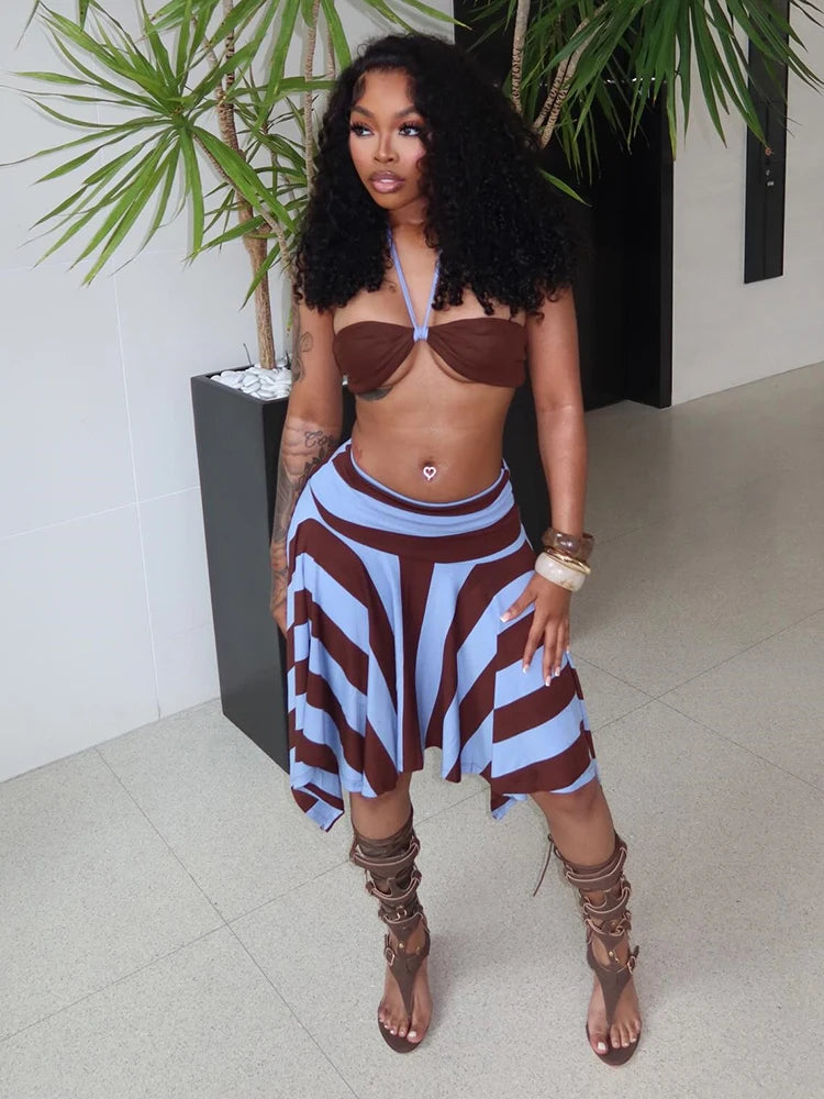 Weird Puss Sexy Fashion 2 Piece Set Woman Halter Long Rope+Skinny Tube Tops+Stripe Patchwork Mid Skirts Beach Party Style Suits