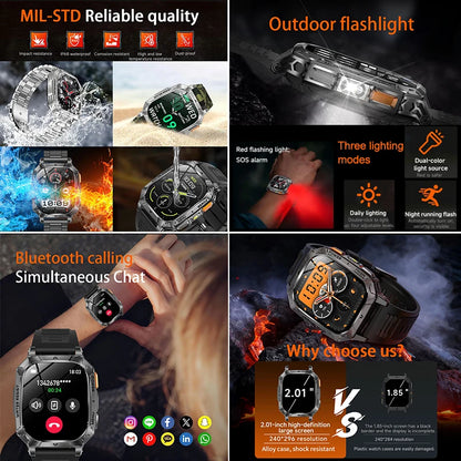 New 1400 mAh Battery Military Smartwatch Men IP68 Waterproof Flashlight Health Monitor Sports Call Smart Watch For iOS Android