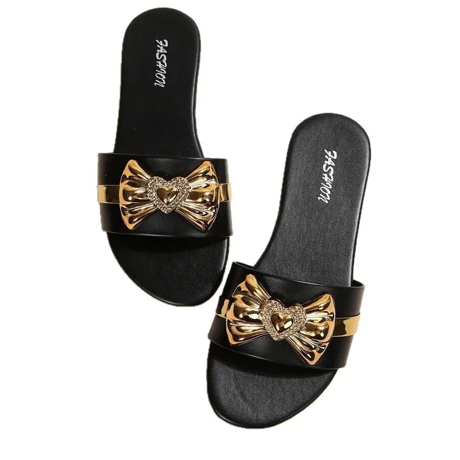 Women's Shoes New Fashion Slippers with Bow Buckle Versatile Solid Color Decorative Round-Toe Flat Sandals