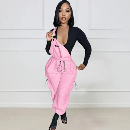 Lace Up Jumpsuit Women One Piece Jumpsuits Fur Rompers High Waist Spring Autumn Pants Mom Overalls Playsuits Elegant Pink