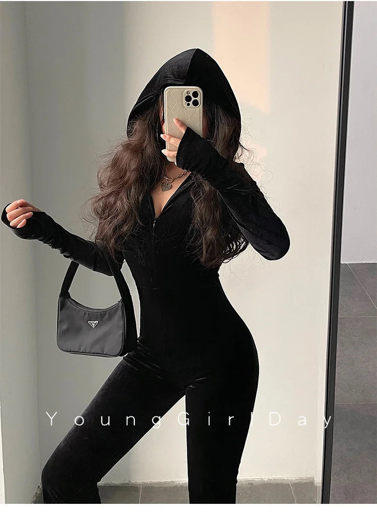 WOMENGAGA Fashion Black Velvet Slim Hooded Zipper Long Sleeve Flare Pants Jumpsuit Rompers Korean Sexy Hot Tops 2022 9P64
