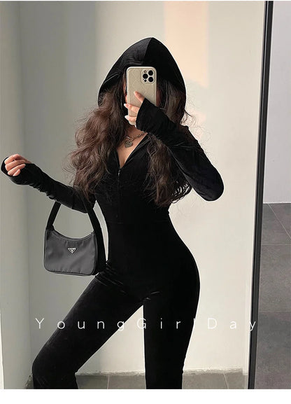 WOMENGAGA Fashion Black Velvet Slim Hooded Zipper Long Sleeve Flare Pants Jumpsuit Rompers Korean Sexy Hot Tops 2022 9P64