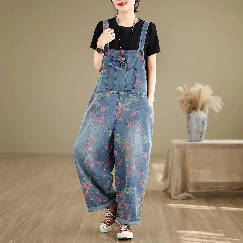 Vintage Denim Overalls Spring Summer Loose Jumpsuits Oversized Artistic Casual age Reducing Printed Casual Harem Pants Female