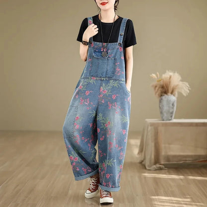 Vintage Denim Overalls Spring Summer Loose Jumpsuits Oversized Artistic Casual age Reducing Printed Casual Harem Pants Female