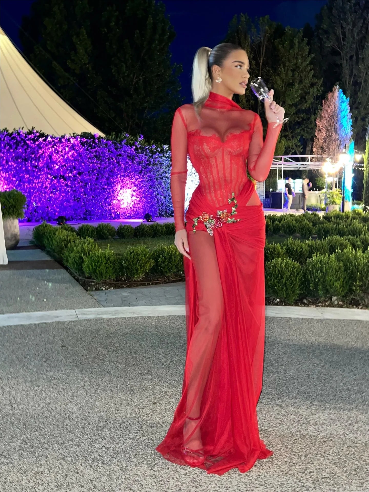 Customized Evening Dress   High-neck Fashion Flowers Backless Full Sleeve Prom Gown Floor-length Lace-up Party Gown