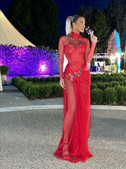 Customized Evening Dress   High-neck Fashion Flowers Backless Full Sleeve Prom Gown Floor-length Lace-up Party Gown
