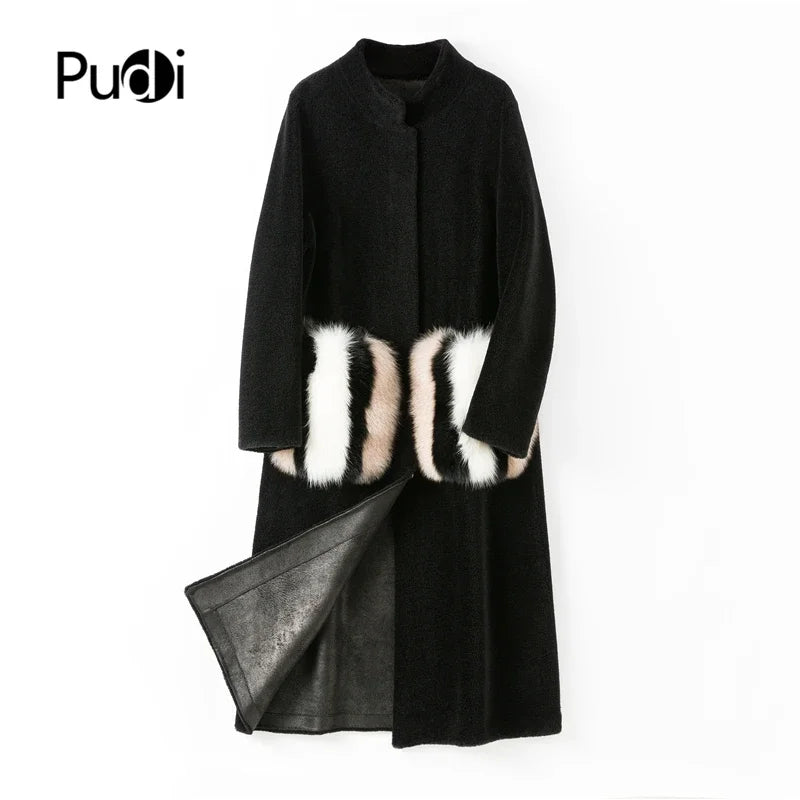 Pudi Women Winter Real Wool Fur Coat Jacket Over Size Parka Lady Fashion Natural Fox Fur Pocket Coats Outwear H68290