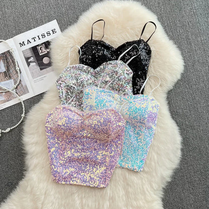 Sexy Sequin Party spaghetti Croset Bustier backless Slim Tanks and Camis Strap Glitter Crop Top Fashion Summer Women Clothes Y2k