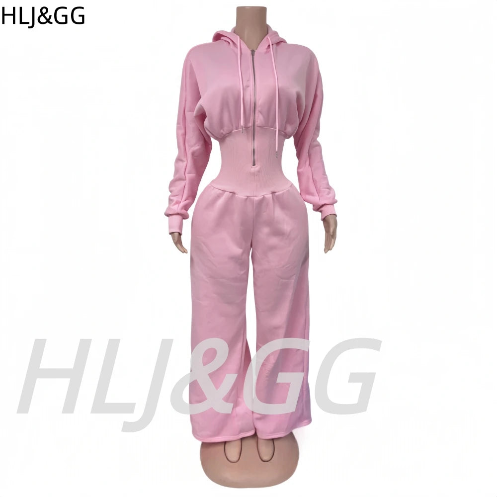 HLJ&GG Autumn Light Fleece Hooded Wine Leg Pants One Piece Jumpsuits Women Zipper Long Sleeve High Waist Sweat Sport Sportswears