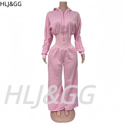HLJ&GG Autumn Light Fleece Hooded Wine Leg Pants One Piece Jumpsuits Women Zipper Long Sleeve High Waist Sweat Sport Sportswears