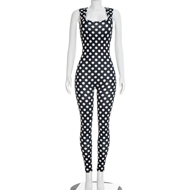 Yomesugar 2026 Summer Women's Polka Dot Printed Backless Jumpsuits Sexy Square Collar Sleeveless Skinny Rompers Party Clubwear