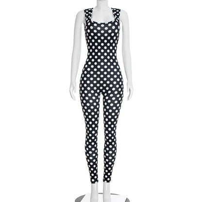 Yomesugar 2026 Summer Women's Polka Dot Printed Backless Jumpsuits Sexy Square Collar Sleeveless Skinny Rompers Party Clubwear