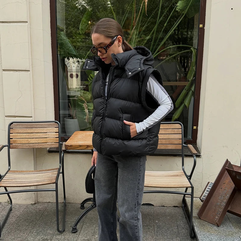 Detachable Sleeve Hooded Quilted Jackets 2026 Winter Ladies Solid 2-in-1 Zippers Waistcoat Cotton Coats Women's Warm Outwear