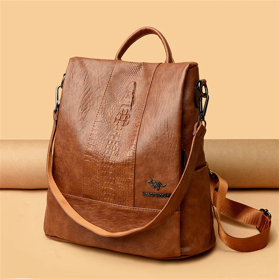 Women's Crocodile Pattern Backpack Leather School Bookbags for Girls Bagpack Large Capacity Designer Travel Rucksack Mochilas