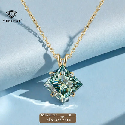 BOCARMAN S925 Sterling Silver Necklace with Colorful Princess Cut Moissanite Inlay Clavicle Chain Pendant for Women Gift