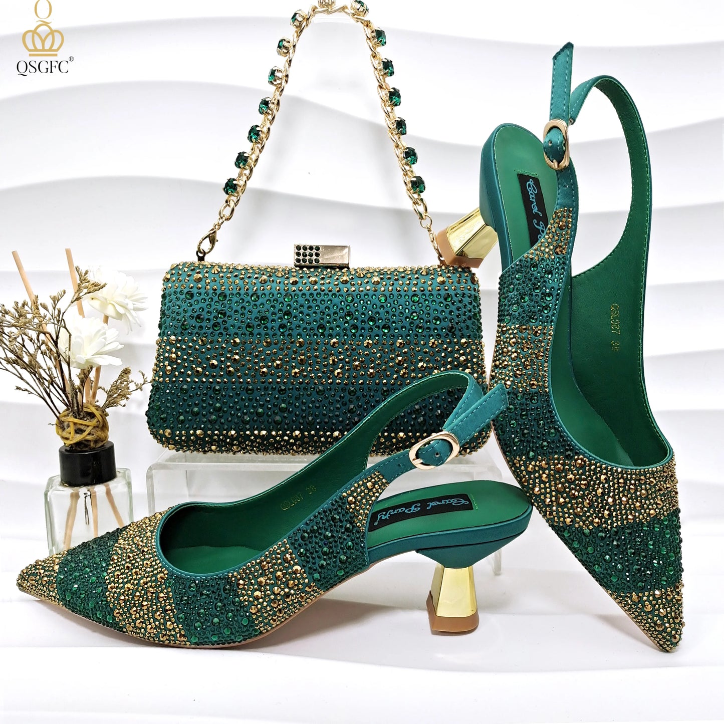 QSGFC Ladies High Quality Women's Pumps Black Gold Shoes and Bag Set DURABLE OUTSOLE Italian Fashion Design For Nigeria Wedding