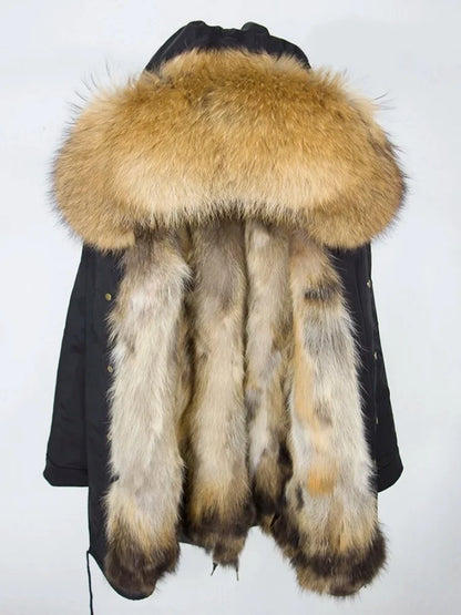 Real Fur Coat Winter Jacket Women Long Parka Waterproof Big Natural Raccoon Fur Collar Hood Thick Warm Real Fox Fur Liner coat