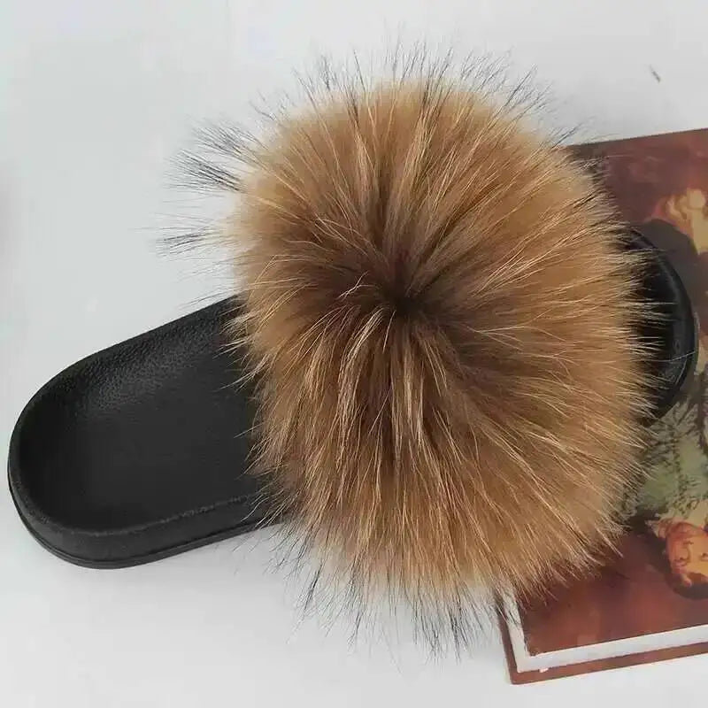 Real Raccoon Fur Slippers For Women 2026 Summer Fluffy Indoor House Fuzzy Flat Slides Outdoor Fashion Beach Sandals Flip Flops