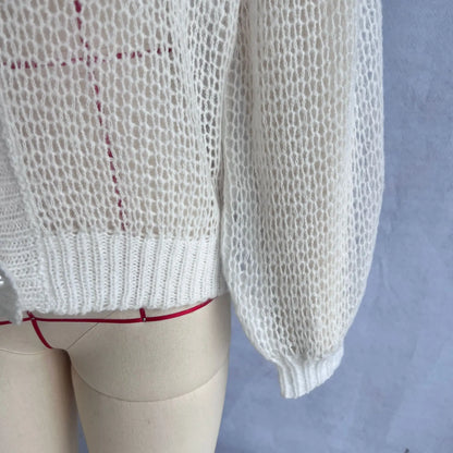 Women Knitting Cardigan 2026 New Women Mohair Knit Cardigan Hollow Out Sheer Long Sleeve Casual Knitted Outerwear Sweater
