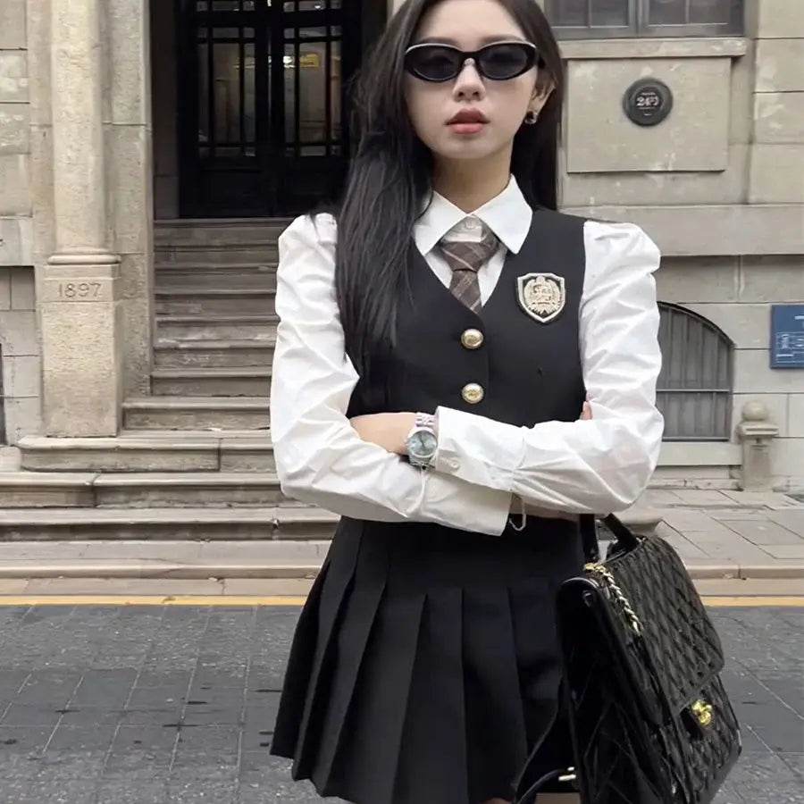 2024 england style uniform jk set suit autumn new suit waistcoat long sleeve shirt pleated skirt fashion three-piece women w753