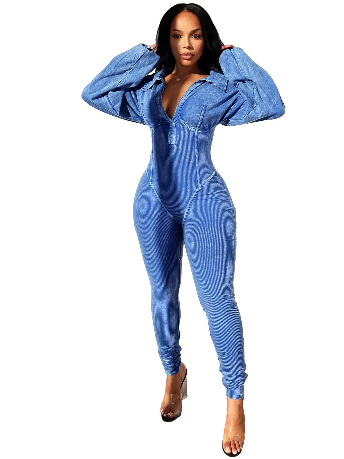 CM.YAYA Fashion Women Knit Ribbed Long Sleeve Moto Biker Jumpsuits 2024 Autumn Washed Street Playsuit One Piece Suit Romper