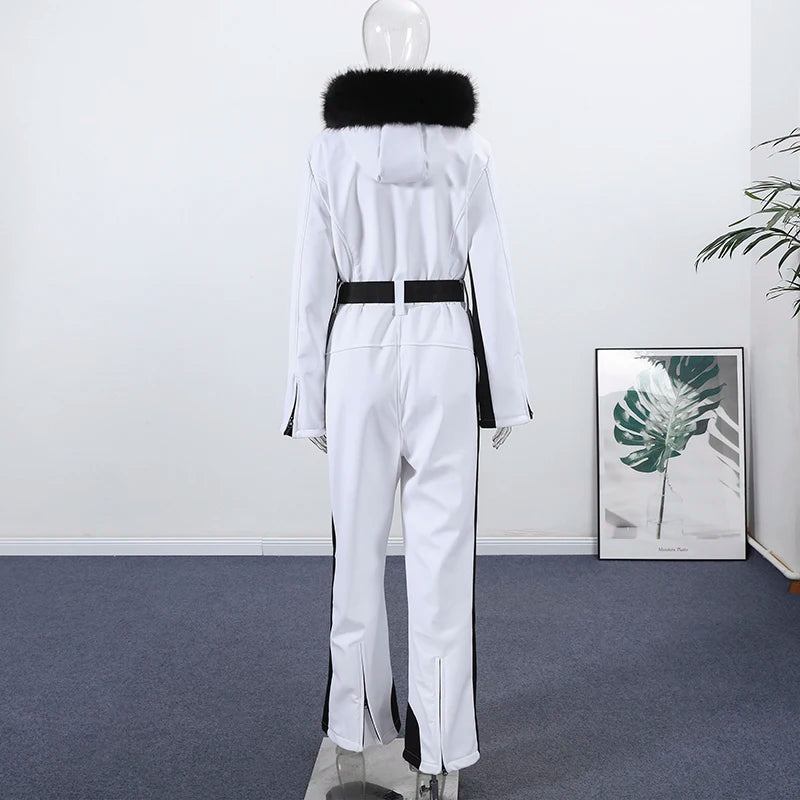 Fashion Hooded One-Piece Ski Jumpsuit Women Stand Collar Zipper High Waist Solid Windproof Outwear 2026 Winter Lady Skiwears New