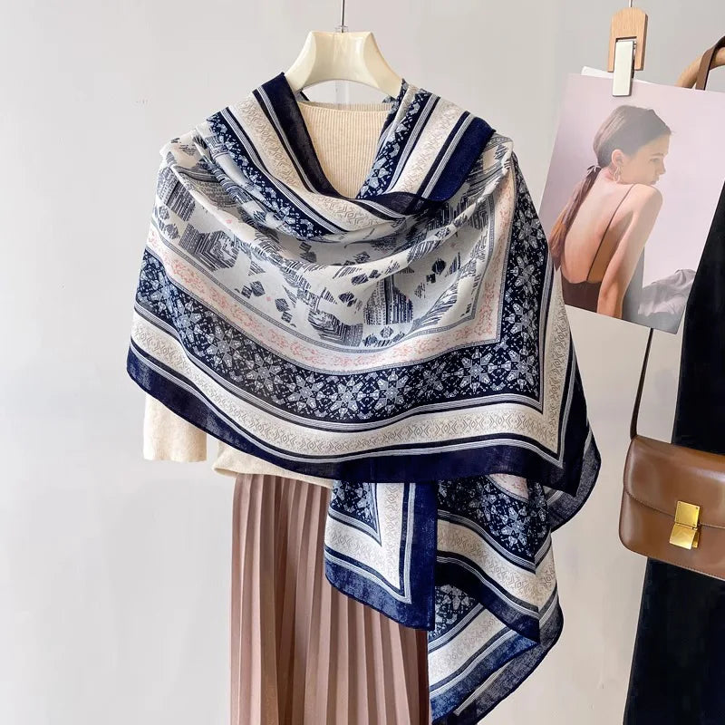 Sun Protection Silk Scarf Women's Retro Ethnic Style Cotton Linen Beach Holiday Wrap Shawl Outerwear Geometric Print Korean S...