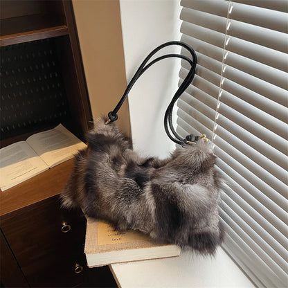 Winter Warm Fox Fur Shoulder Hobo Bags For Women Latest Luxury Designer Purses And Handbags Elegant Evening Bag For Dinner Party