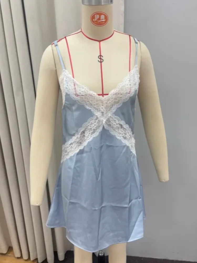 Sexy Blue Satin Lace Slip Mini Dress Women Spaghetti Strap V Neck Hollow Out Bodycon Dresses Lady Summer Beach Short Gown 2026