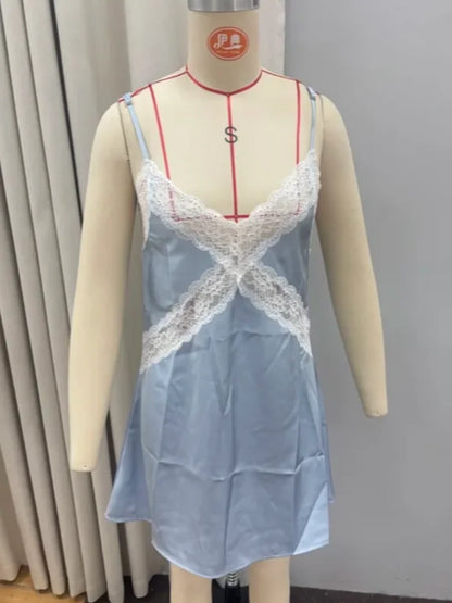 Sexy Blue Satin Lace Slip Mini Dress Women Spaghetti Strap V Neck Hollow Out Bodycon Dresses Lady Summer Beach Short Gown 2026
