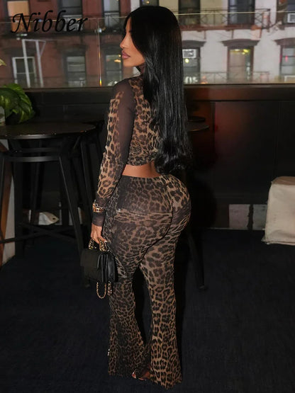 Nibber Sexy 2 Piece Set Women See Through Midnight Party Full Sleeve Crop Tops+Pants Matching Clubwear Skinny Autumn Outfits