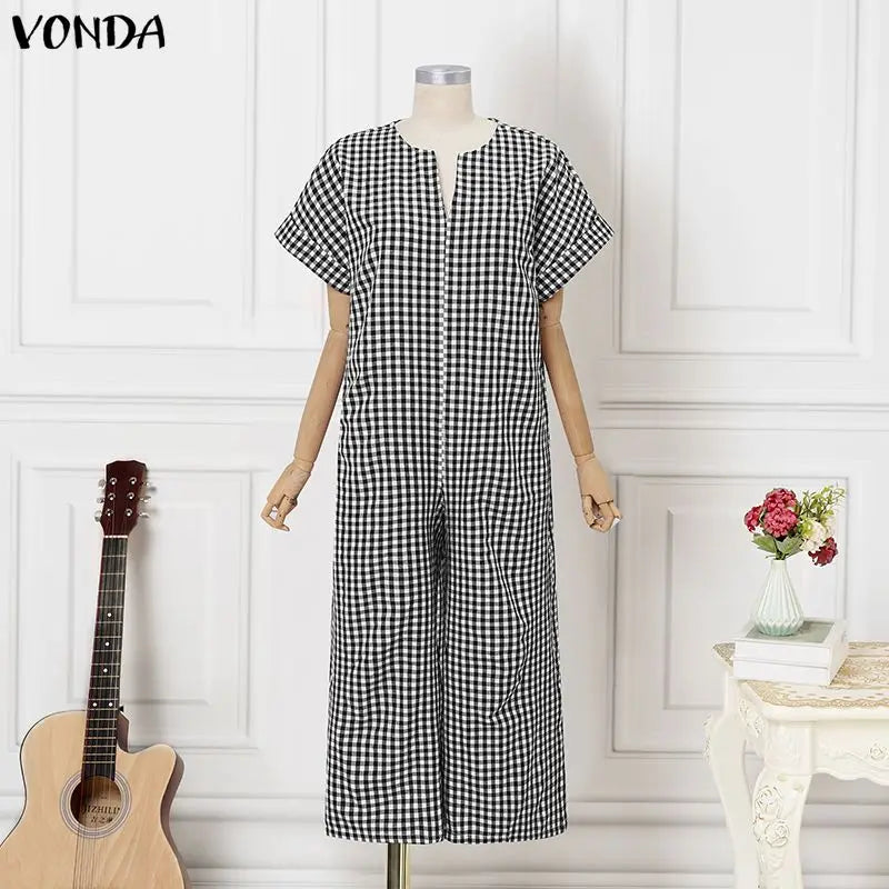 VONDA Women Plus Size Jumpsuits Fashion Summer Short Sleeve Tops Wide Leg Pants OL Work Playsuits Plaid Overalls Streetwear