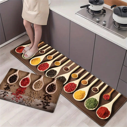 Kitchen Carpet Mat Rug - Utensils Spoon & Spice Design with 'BON APPETIT' Quote for Dining Room Home Decoration Floor Mat