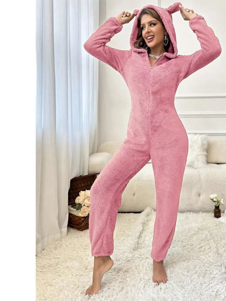 Fashion Plush Ear Hooded One-piece Pajamas Women Autumn Winter New V-neck Long-sleeved Loose Casual Trousers Home Wear Jumpsuits