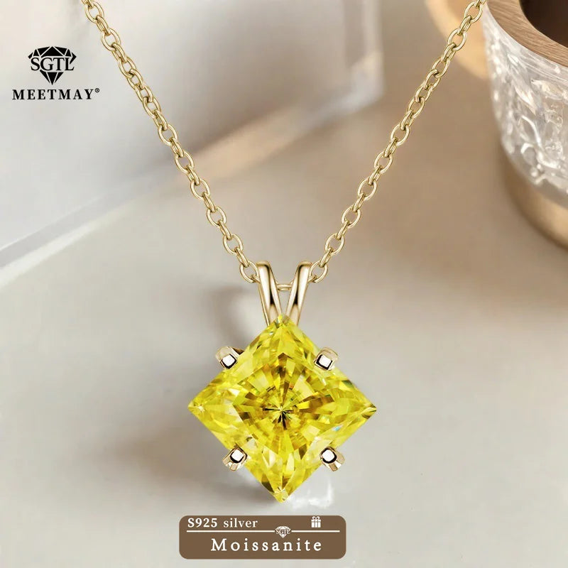 BOCARMAN S925 Sterling Silver Necklace with Colorful Princess Cut Moissanite Inlay Clavicle Chain Pendant for Women Gift