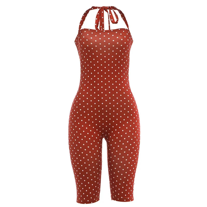 FAGADOER Sexy Polka Dot Halter Romper Fashion Print Backless Bodycon Jumpsuits Women Summer Streetwear Party Club Playsuits New