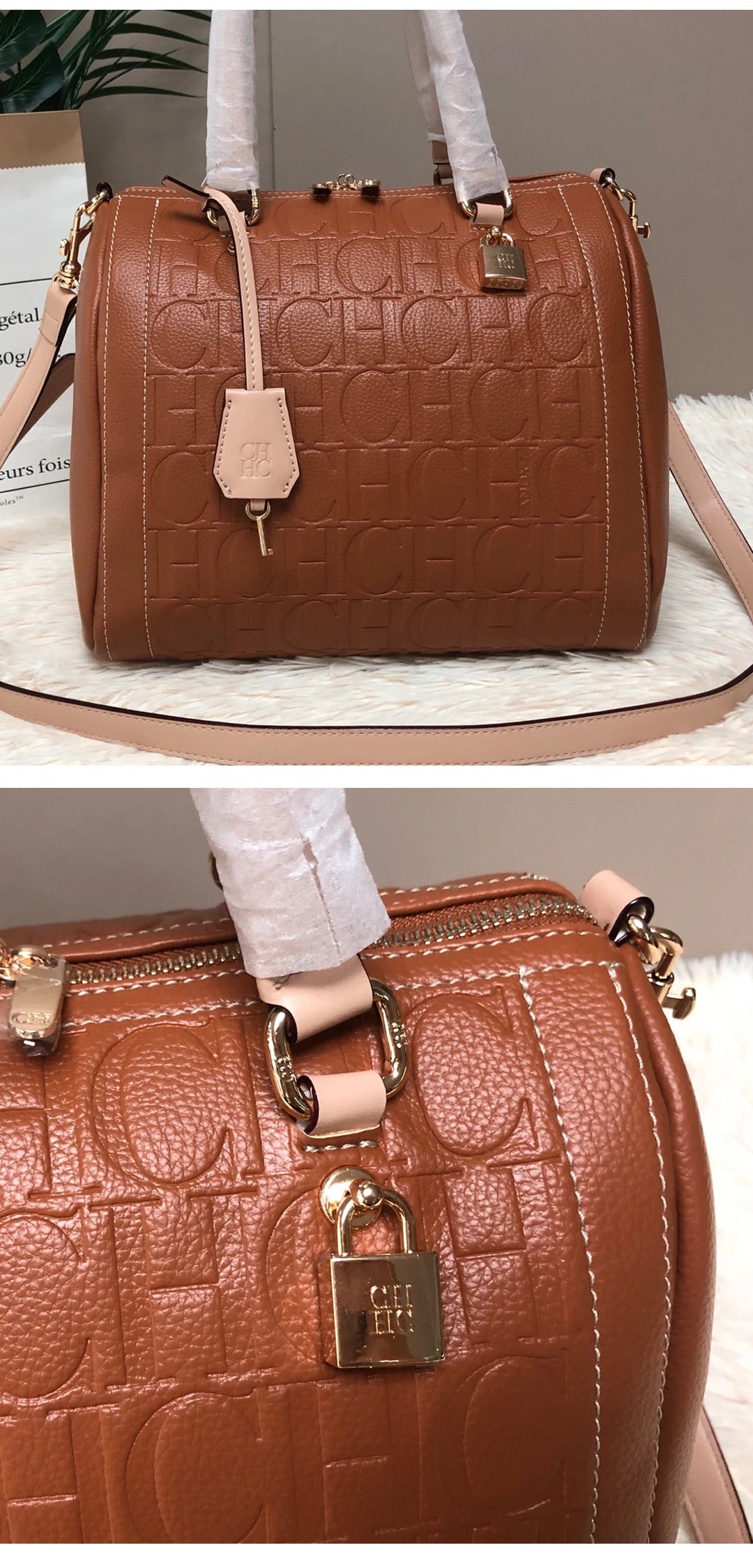CH Carolina Herrera Boston Bag Women Leather Embossed Logo Shoulder Bag Luxury Travel Handbag Large Capacity