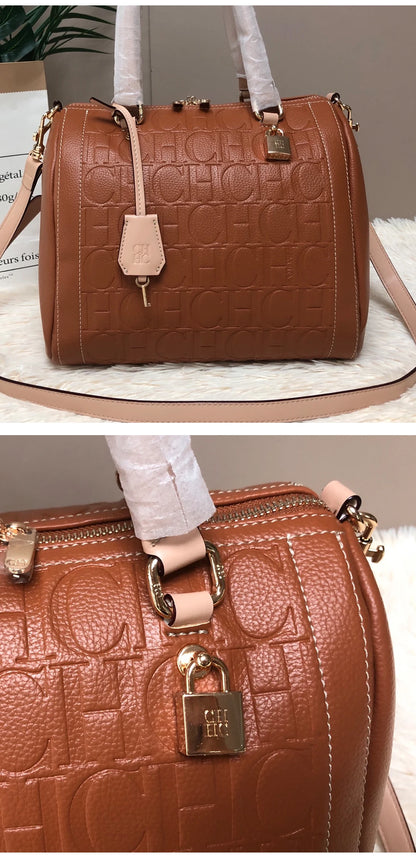 CH Carolina Herrera Boston Bag Women Leather Embossed Logo Shoulder Bag Luxury Travel Handbag Large Capacity