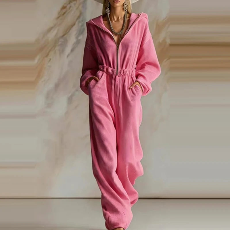 Elegant Ribbed Hooded Playsuit Overalls Women Fashion Zipper Hight Waist Long Jumpsuits Casual Long Sleeve Pocket Party Rompers