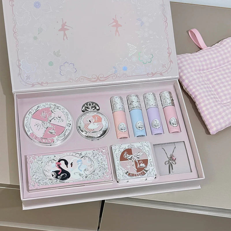 NICEKEY Makeup Kit Include 4 Matte Lipgloss,1 Face Blusher,1 Pressed Powder,1 Eyesshadow Palette,1 Contour Palette With Necklace