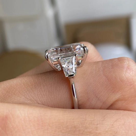 JOVOVASMILE Moissanite Engagement Ring Diamond Real 18k Gold 8 Carat 13x9mm Emerald Cut Two Full Flanking Tapered Baguette Band