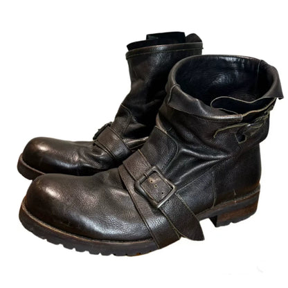 Retro Darkened Belt Buckle Motorcycle Boots Trendy for Both Men and Women Mid-calf Pleated Side Zipper Western Cowboy Boots