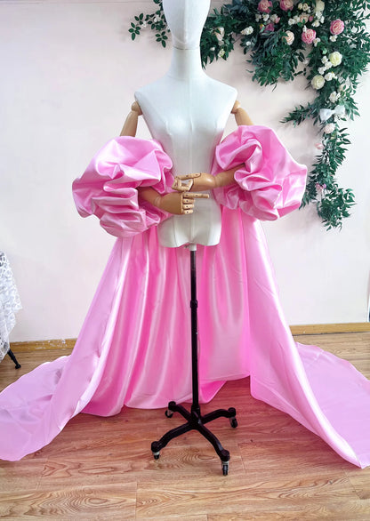 Red  Mikado Satin Long Wedding Cape Puffy Short Sleeves Court Tain Evening Cape Outfit Coat For Women Costume DJ199