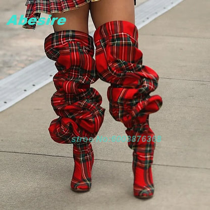 Red Check Patchwork Over Knee Boots Pleated Pointed Toe Thin Heels Shoes for Women Spicy Girls Y2K Street Style Fashion Shoes