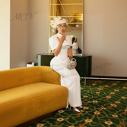 Satin Bride Gowns African Detachable Cape Ruched Nigerian Civil Wedding Engagement Dresses Straight Reception Gown Customized