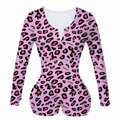 Combhasaki Women's Y2K Long Sleeve All-over Print Slim Sleepwear Jumpsuit Half Button O-neck Loungewear Bodysuit Shorts Romper